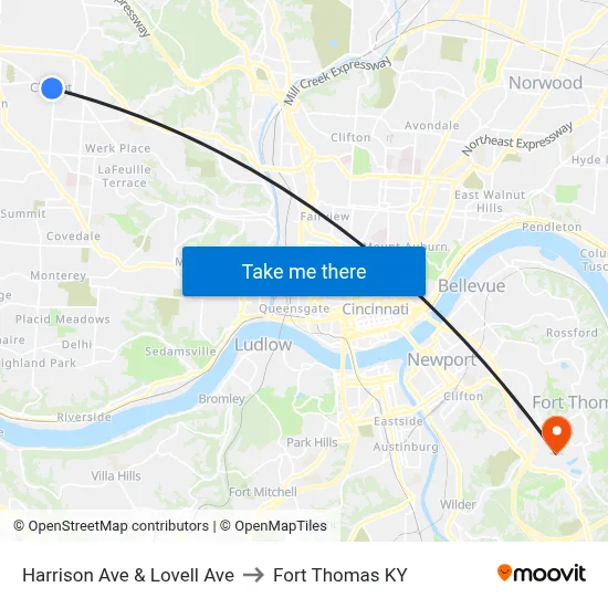 Harrison Ave & Lovell Ave to Fort Thomas KY map