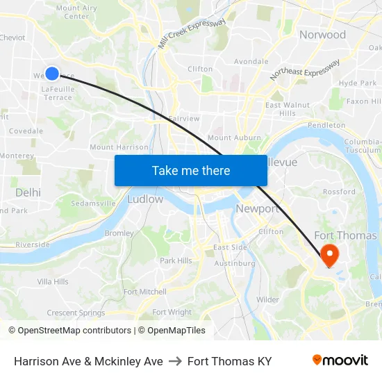 Harrison Ave & Mckinley Ave to Fort Thomas KY map