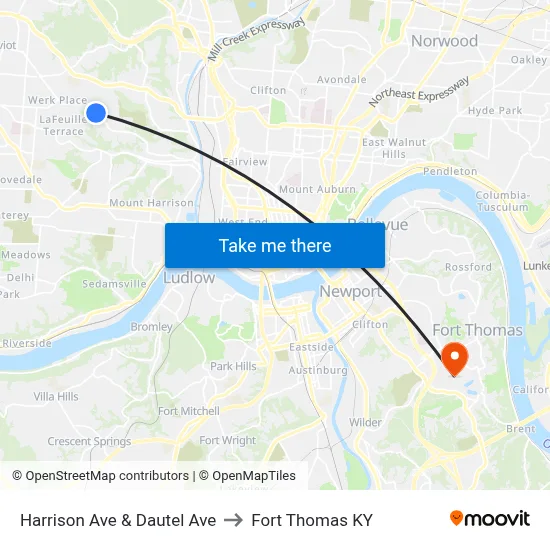 Harrison Ave & Dautel Ave to Fort Thomas KY map