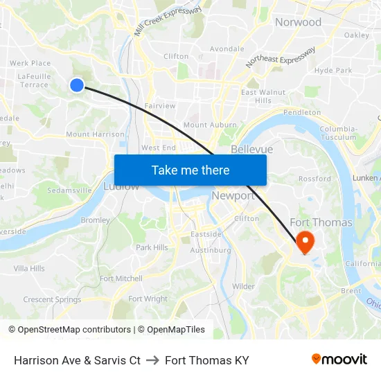 Harrison Ave & Sarvis Ct to Fort Thomas KY map