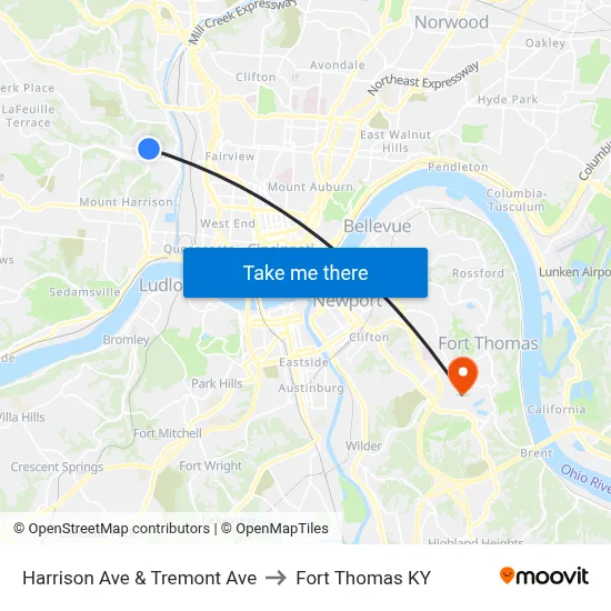 Harrison Ave & Tremont Ave to Fort Thomas KY map