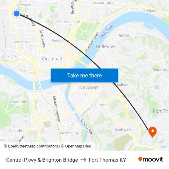 Central Pkwy & Brighton Bridge to Fort Thomas KY map