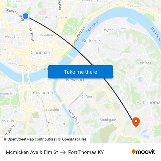 Mcmicken Ave & Elm St to Fort Thomas KY map
