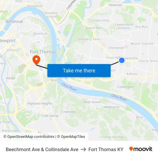 Beechmont Ave & Collinsdale Ave to Fort Thomas KY map