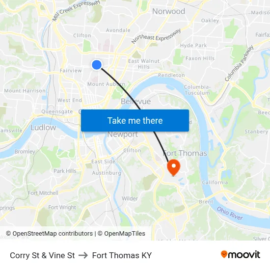 Corry St & Vine St to Fort Thomas KY map