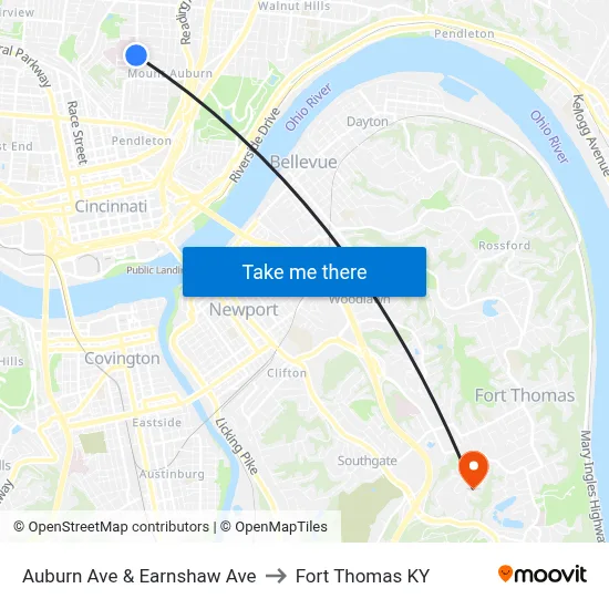 Auburn Ave & Earnshaw Ave to Fort Thomas KY map