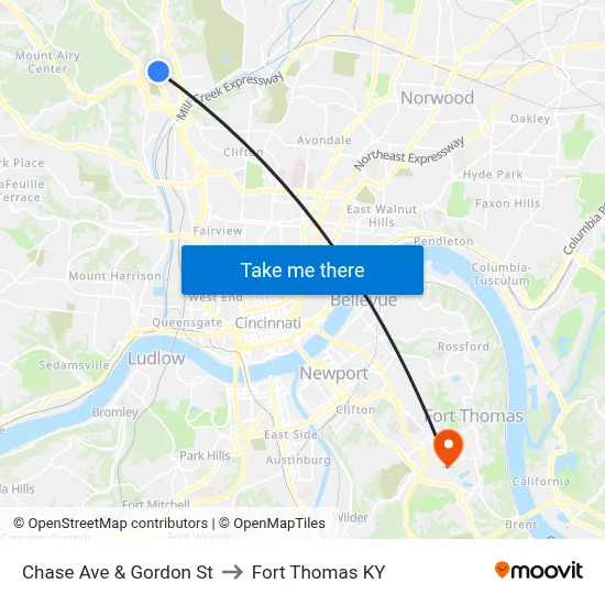 Chase Ave & Gordon St to Fort Thomas KY map