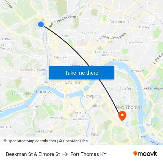 Beekman St & Elmore St to Fort Thomas KY map