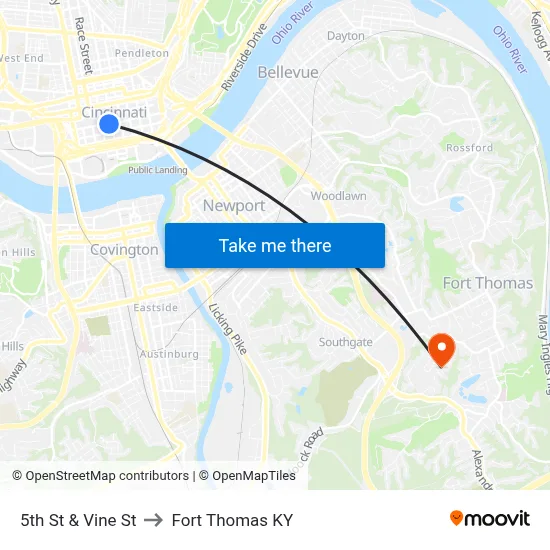 5th St & Vine St to Fort Thomas KY map