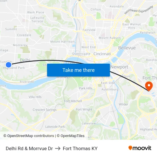 Delhi Rd & Morrvue Dr to Fort Thomas KY map