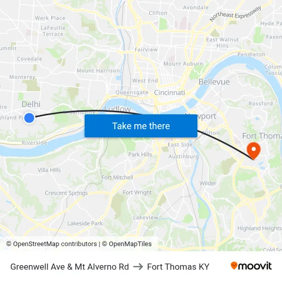 Greenwell Ave & Mt Alverno Rd to Fort Thomas KY map
