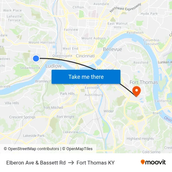 Elberon Ave & Bassett Rd to Fort Thomas KY map