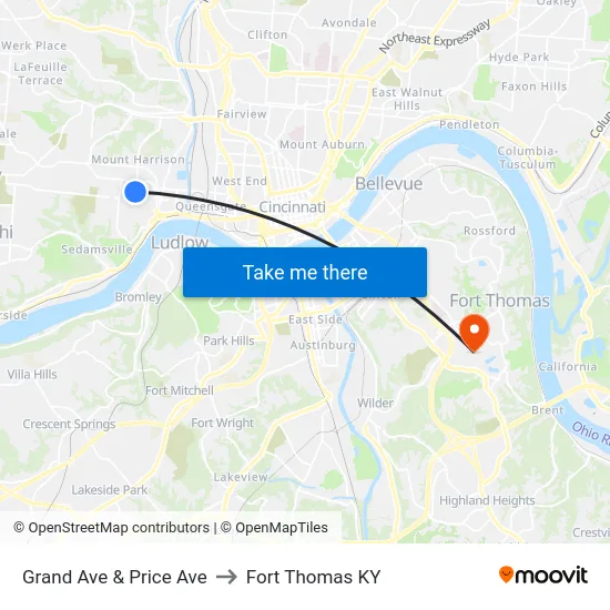 Grand Ave & Price Ave to Fort Thomas KY map