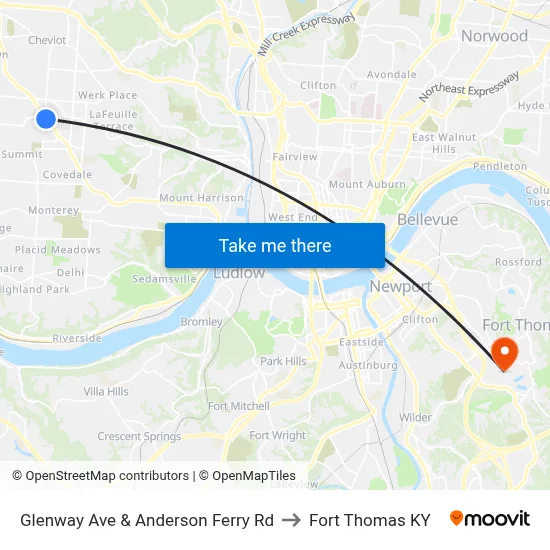 Glenway Ave & Anderson Ferry Rd to Fort Thomas KY map