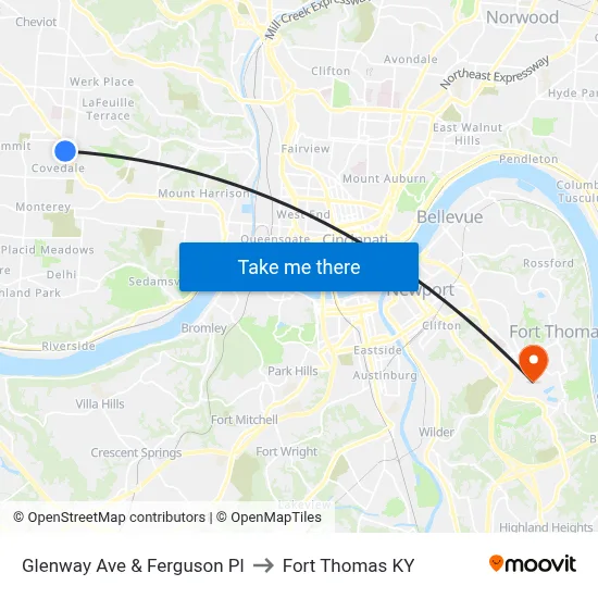 Glenway Ave & Ferguson Pl to Fort Thomas KY map