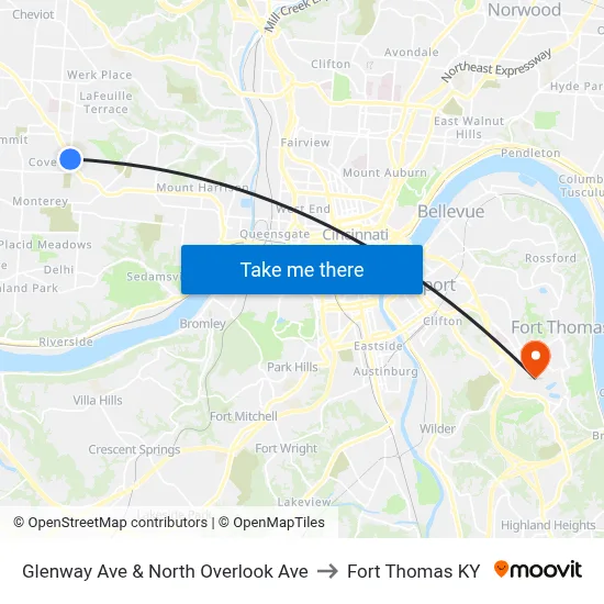 Glenway Ave & North Overlook Ave to Fort Thomas KY map