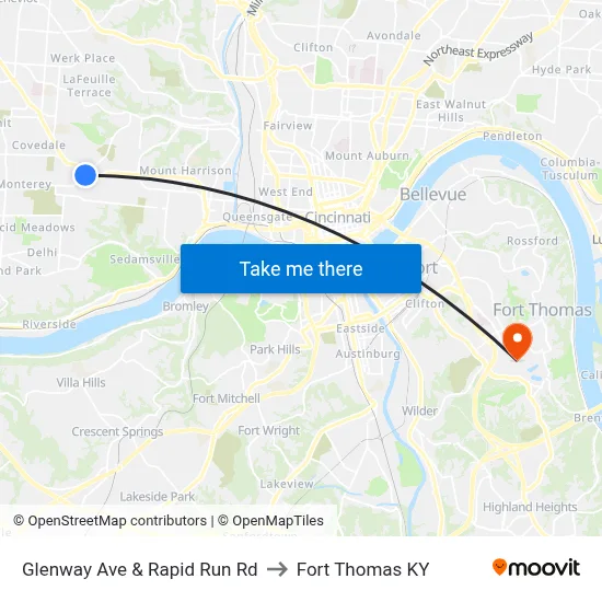 Glenway Ave & Rapid Run Rd to Fort Thomas KY map