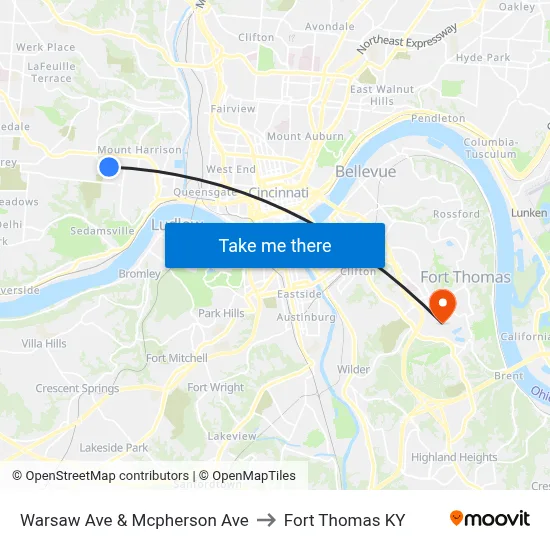 Warsaw Ave & Mcpherson Ave to Fort Thomas KY map