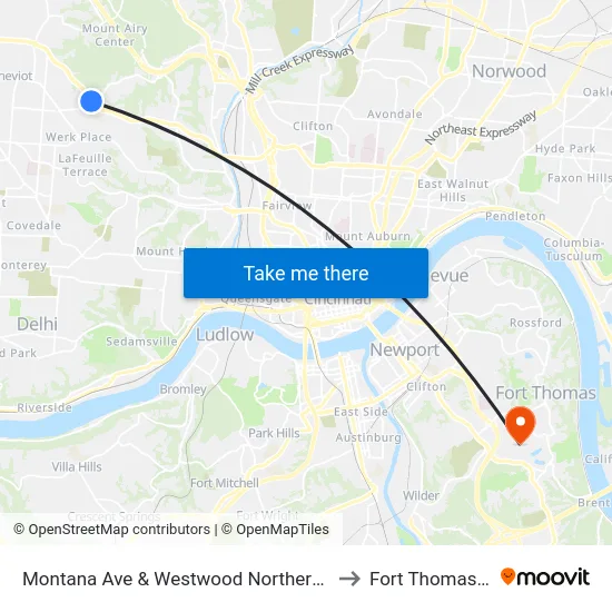 Montana Ave & Westwood Northern Blvd to Fort Thomas KY map