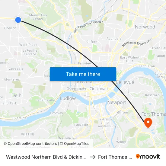 Westwood Northern Blvd & Dickinson to Fort Thomas KY map