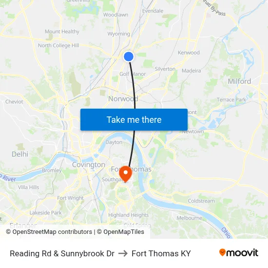 Reading Rd & Sunnybrook Dr to Fort Thomas KY map