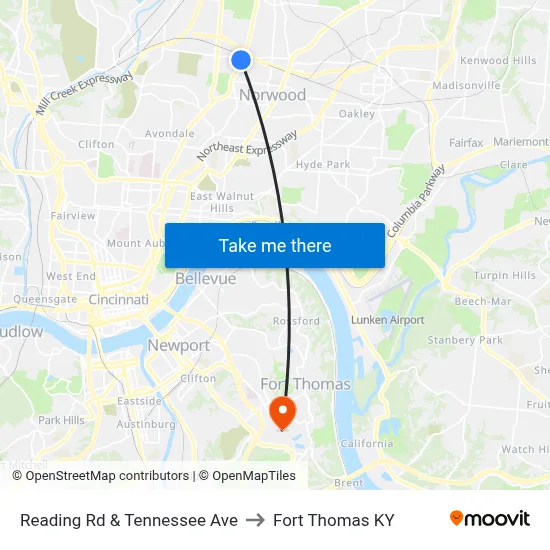 Reading Rd & Tennessee Ave to Fort Thomas KY map