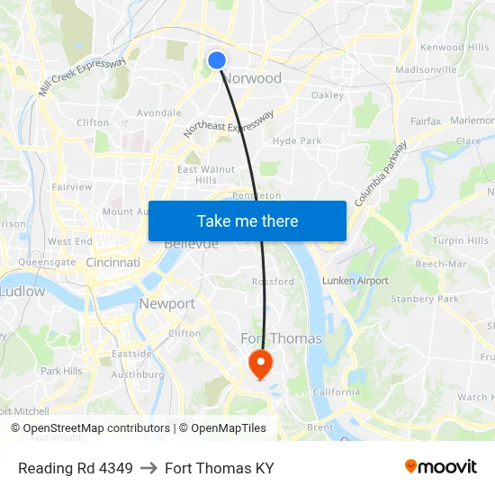 Reading Rd 4349 to Fort Thomas KY map