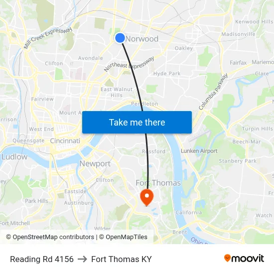 Reading Rd 4156 to Fort Thomas KY map