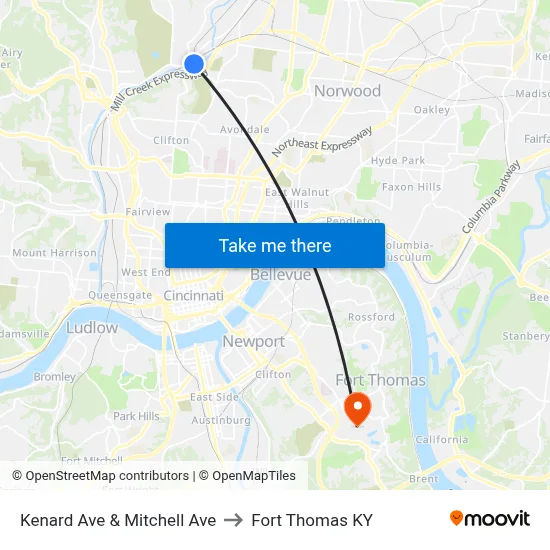 Kenard Ave & Mitchell Ave to Fort Thomas KY map