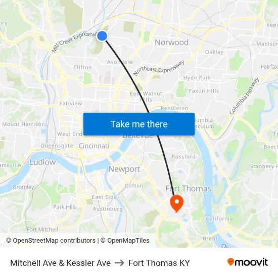 Mitchell Ave & Kessler Ave to Fort Thomas KY map