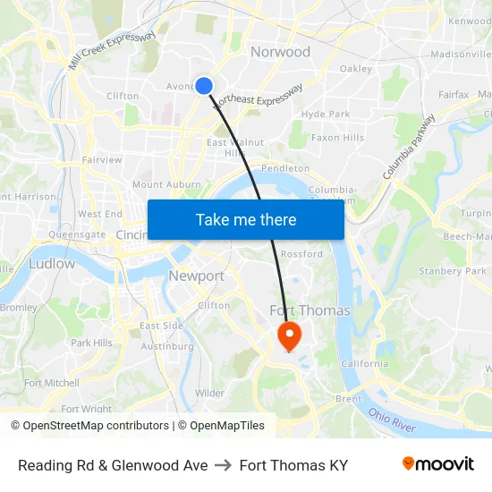 Reading Rd & Glenwood Ave to Fort Thomas KY map