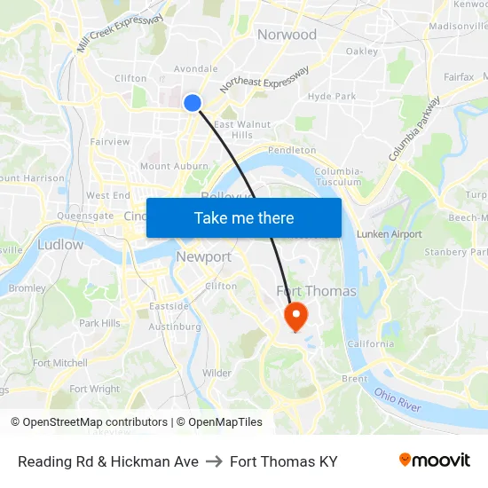 Reading Rd & Hickman Ave to Fort Thomas KY map