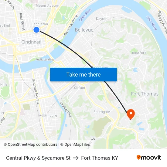 Central Pkwy & Sycamore St to Fort Thomas KY map