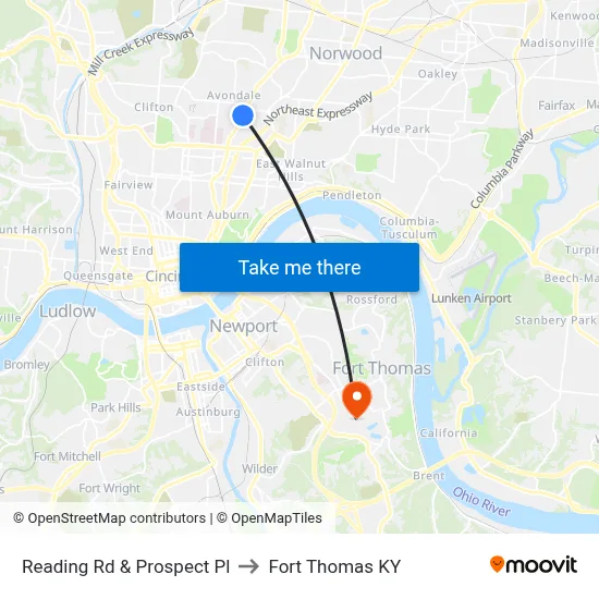 Reading Rd & Prospect Pl to Fort Thomas KY map
