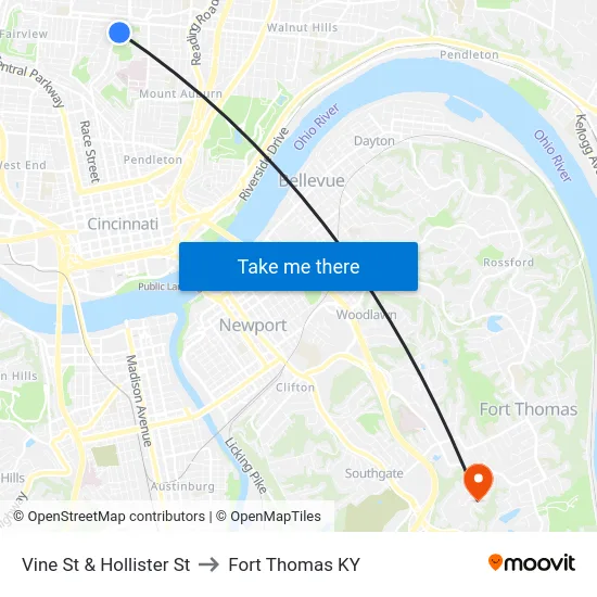 Vine St & Hollister St to Fort Thomas KY map