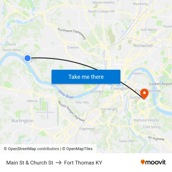 Main St & Church St to Fort Thomas KY map