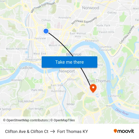Clifton Ave & Clifton Ct to Fort Thomas KY map