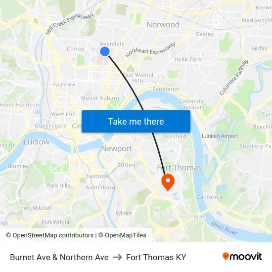 Burnet Ave & Northern Ave to Fort Thomas KY map