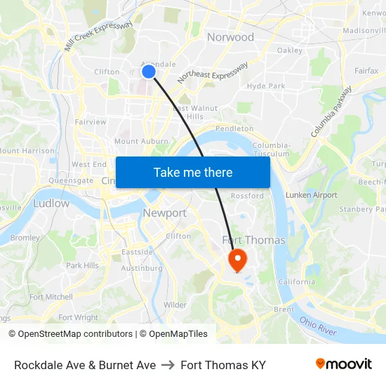 Rockdale Ave & Burnet Ave to Fort Thomas KY map