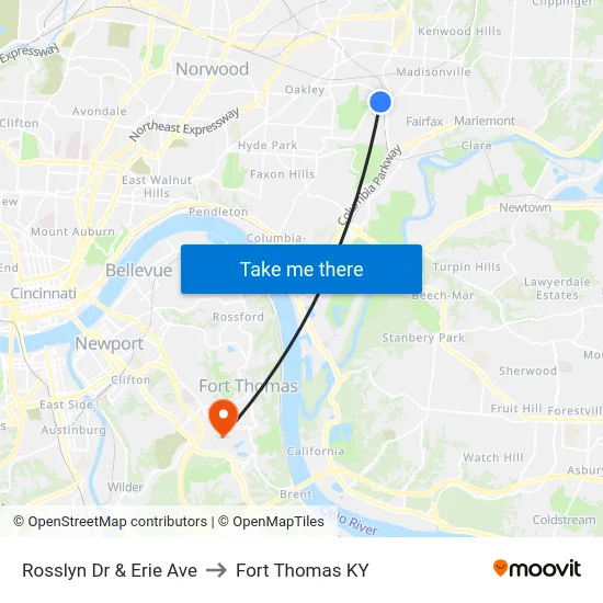 Rosslyn Dr & Erie Ave to Fort Thomas KY map