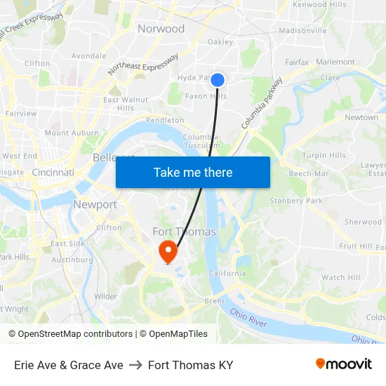 Erie Ave & Grace Ave to Fort Thomas KY map
