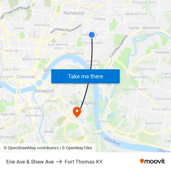 Erie Ave & Shaw Ave to Fort Thomas KY map