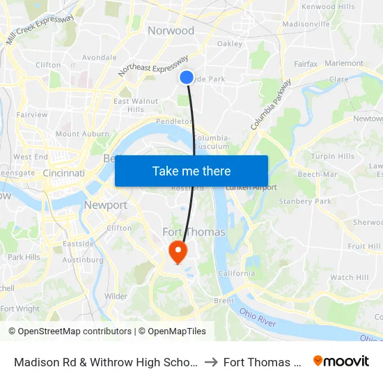 Madison Rd & Withrow High School to Fort Thomas KY map