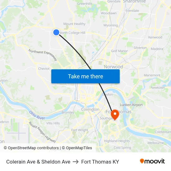 Colerain Ave & Sheldon Ave to Fort Thomas KY map