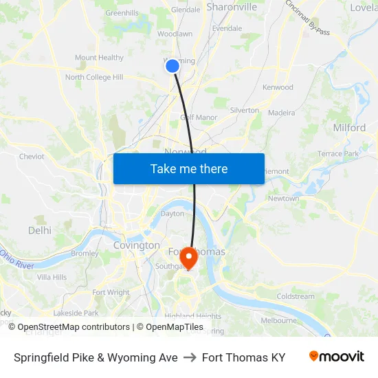 Springfield Pike & Wyoming Ave to Fort Thomas KY map