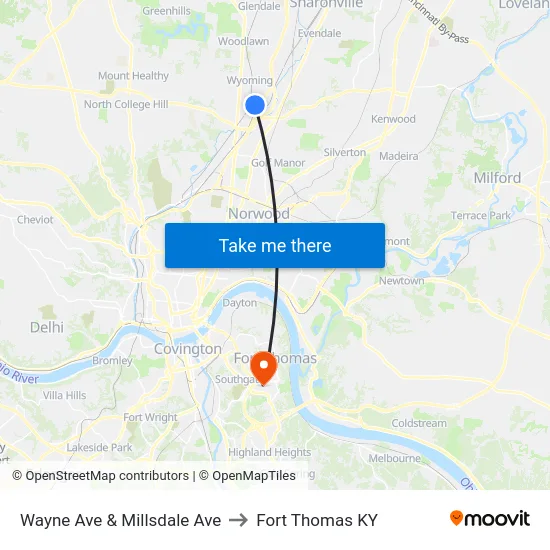 Wayne Ave & Millsdale Ave to Fort Thomas KY map