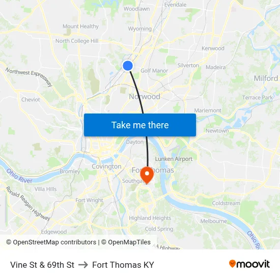 Vine St & 69th St to Fort Thomas KY map