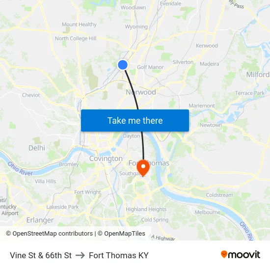 Vine St & 66th St to Fort Thomas KY map