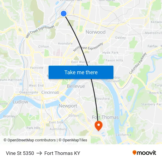 Vine St 5350 to Fort Thomas KY map