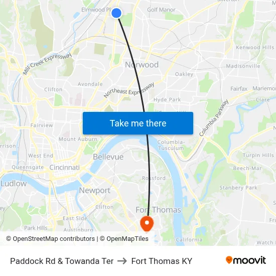 Paddock Rd & Towanda Ter to Fort Thomas KY map